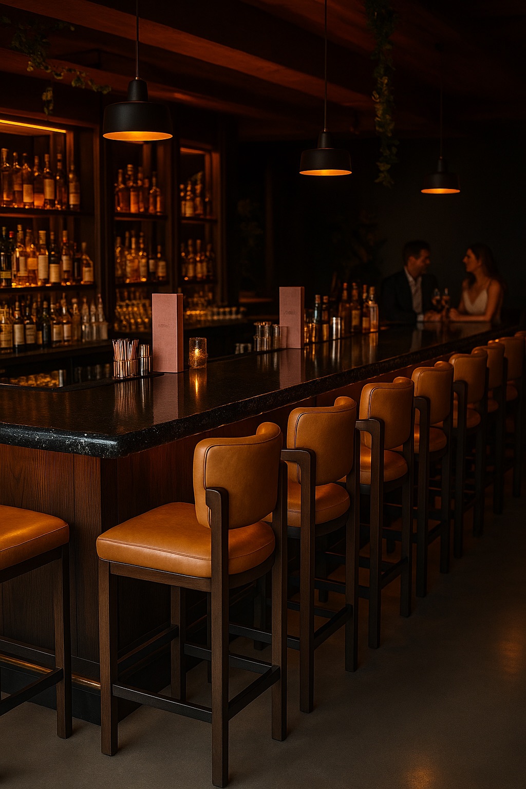 The bar at Flecha Cantina Newport Beach, leather stools beneath glowing pendants