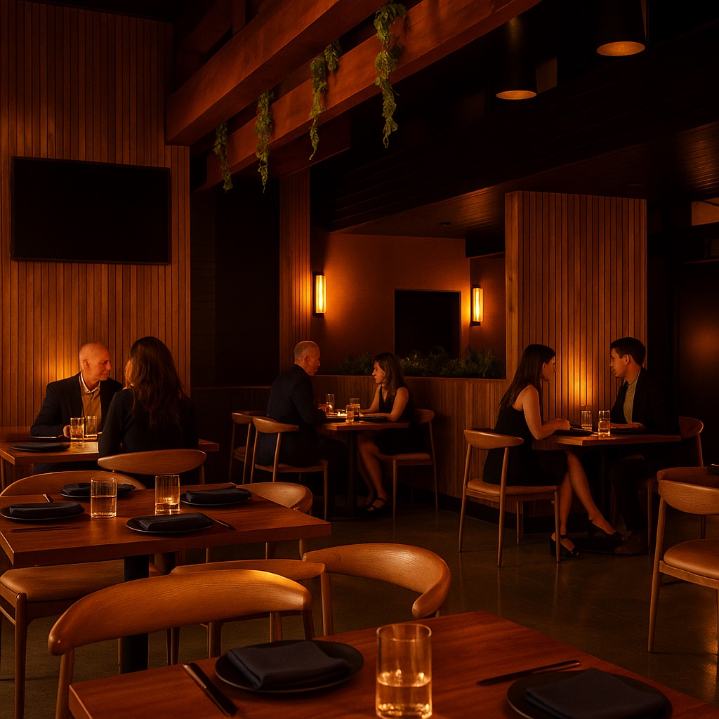 The dining room at Flecha Cantina Newport Beach, warm wood walls and greenery-draped beams