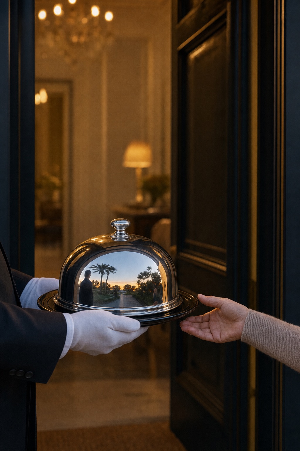 A silver cloche presented at an estate door