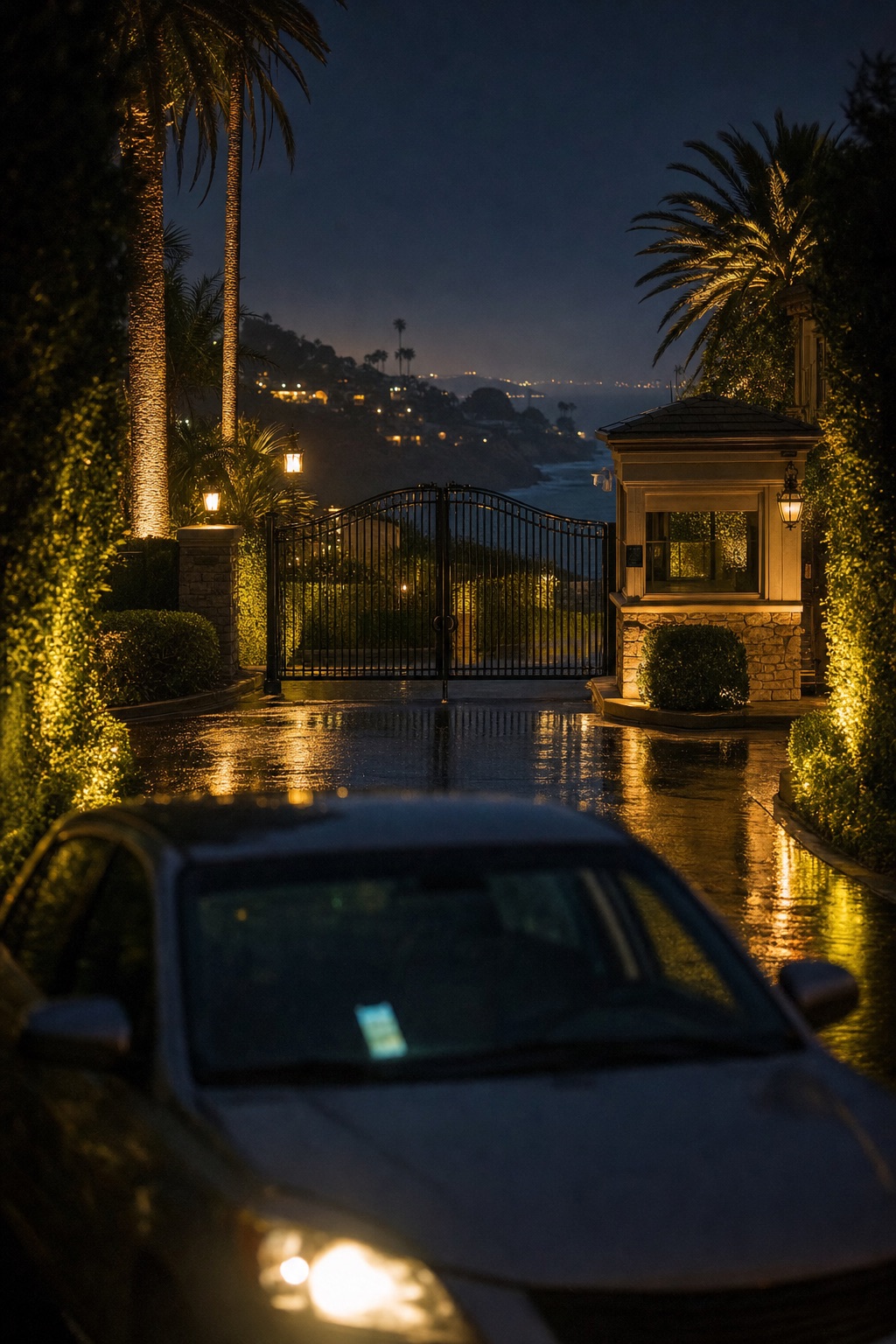 A lantern-lit private drive in Newport Coast at night