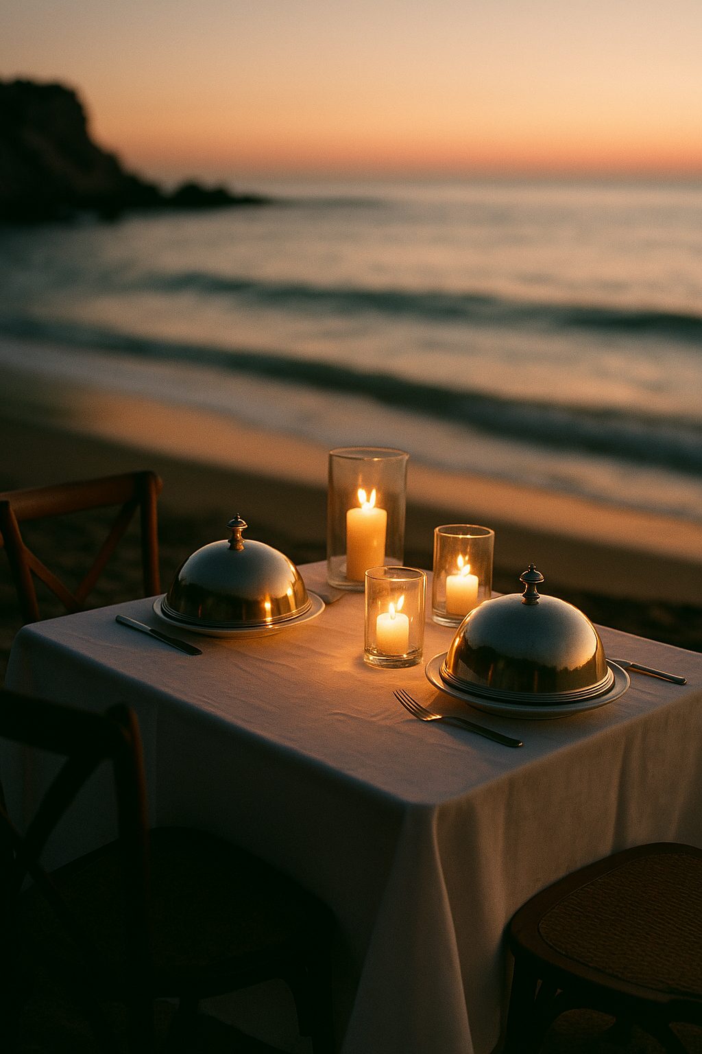 A candlelit table on the sand at sunset