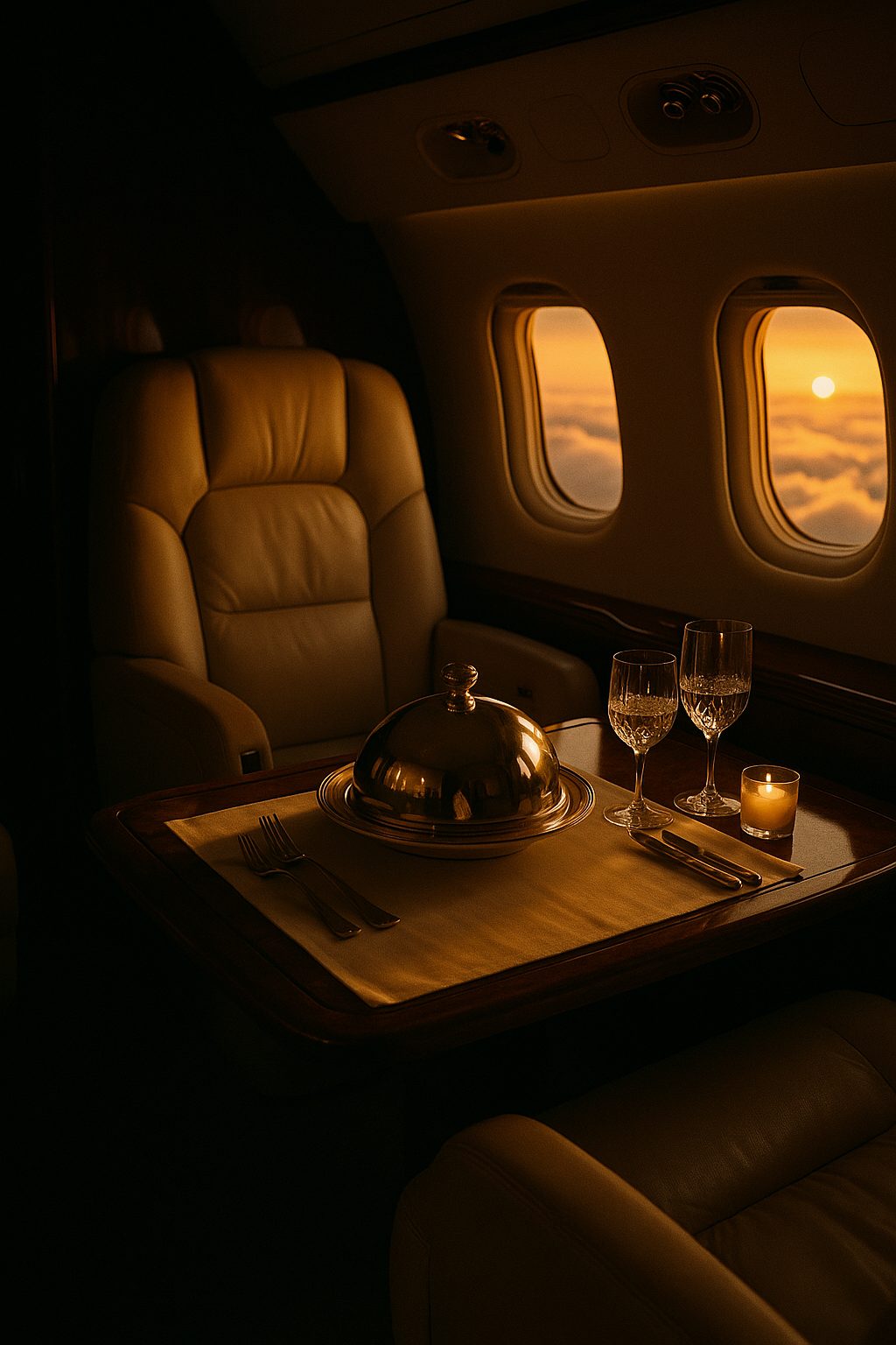 A table set for dinner in a private jet cabin