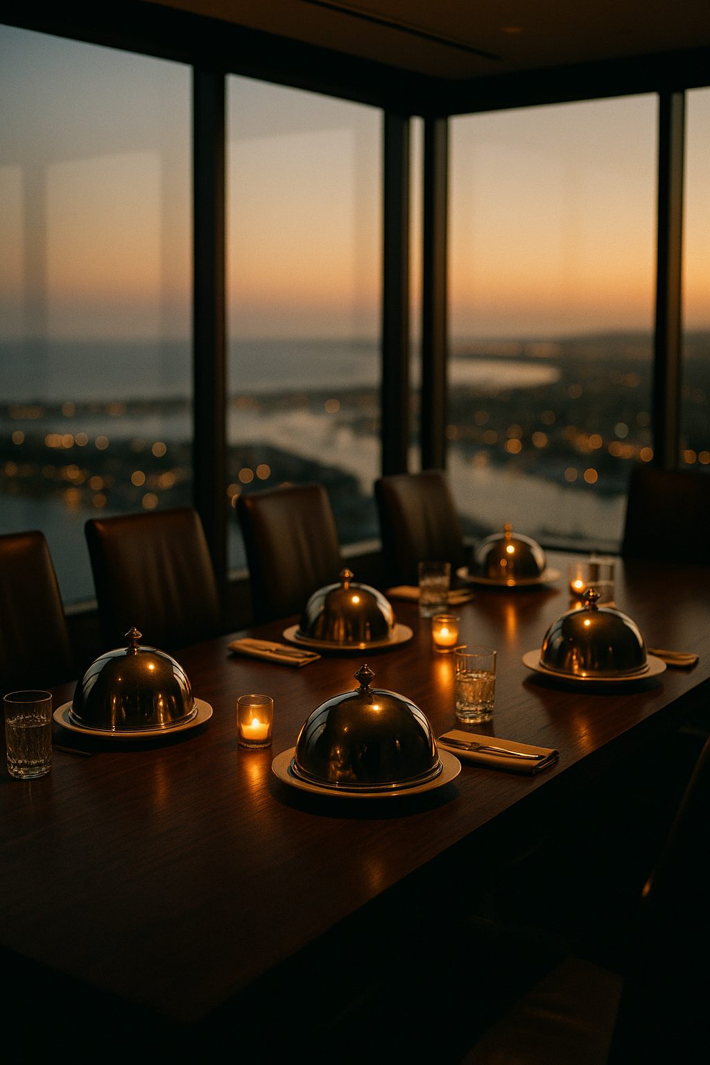 Lunch set in a boardroom overlooking Newport Beach