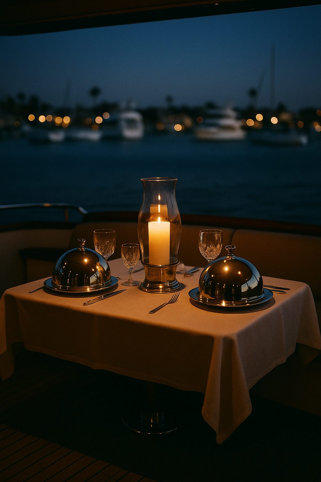 Dinner set on a yacht deck in Newport Harbor