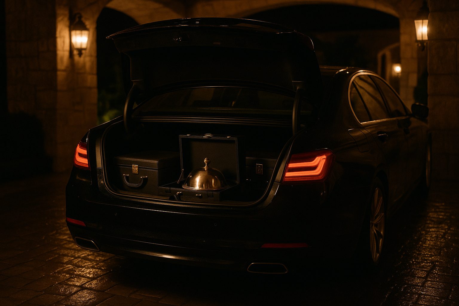 Leather-lined dining cases in the trunk of a black sedan at an estate