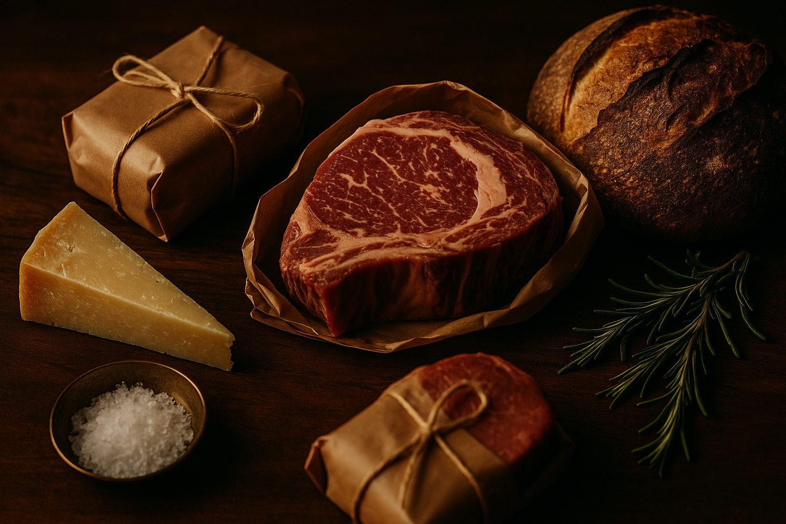 Dry-aged steaks in butcher paper with cheese, bread and rosemary