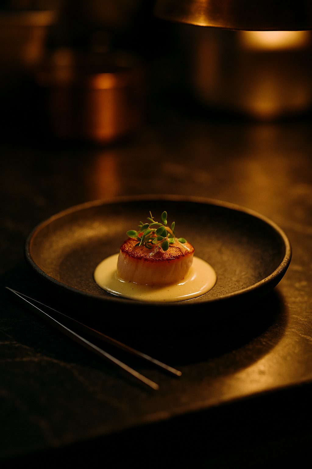 A tasting course just plated on a marble pass
