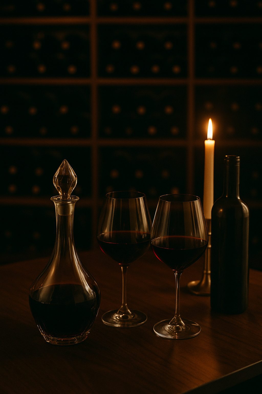 A decanter of red wine and two glasses by candlelight